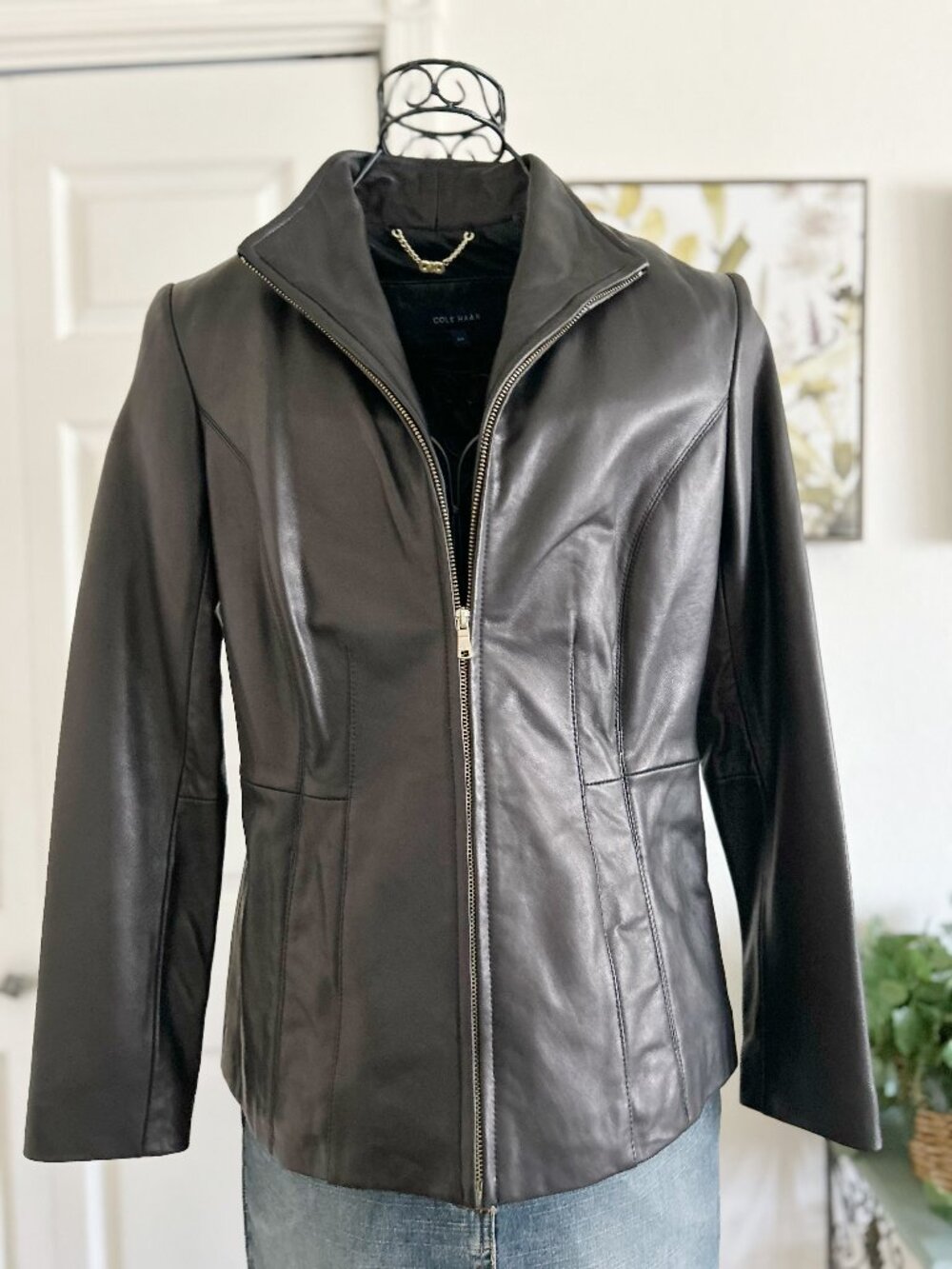 Cole Haan Black Leather Zip-Up Women's Jacket